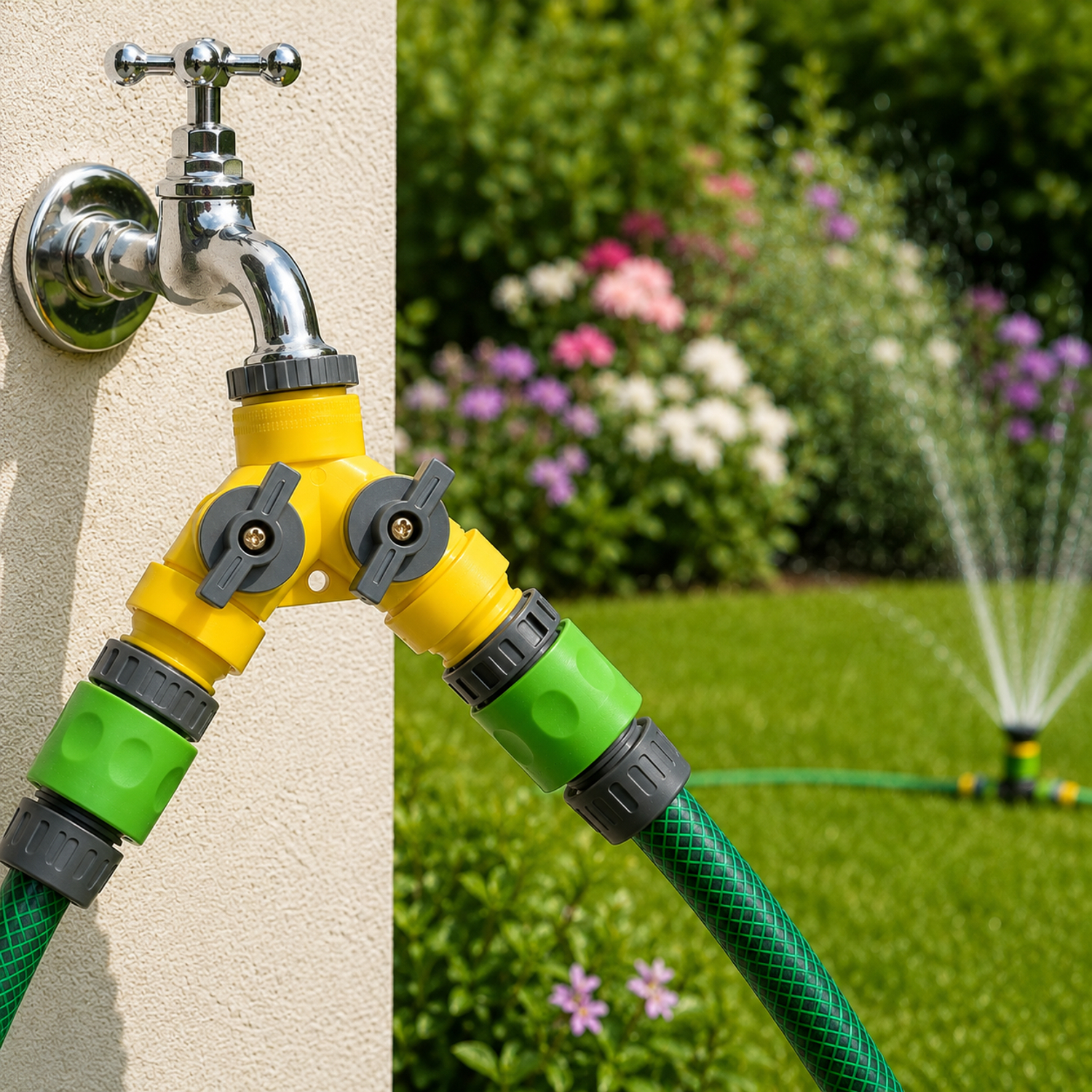 2-Wege-Verteilerstück am Wasserhahn mit zwei Gartenschläuchen