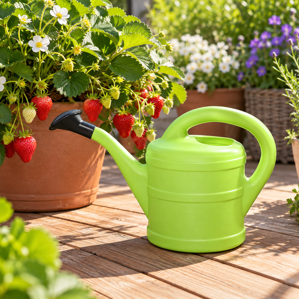Mintgrüne Geli Gießkanne mit 2 Liter Fassungsvermögen auf einer sonnigen Holzterrasse neben einem Topf mit blühenden Erdbeerpflanzen und reifen Erdbeeren.