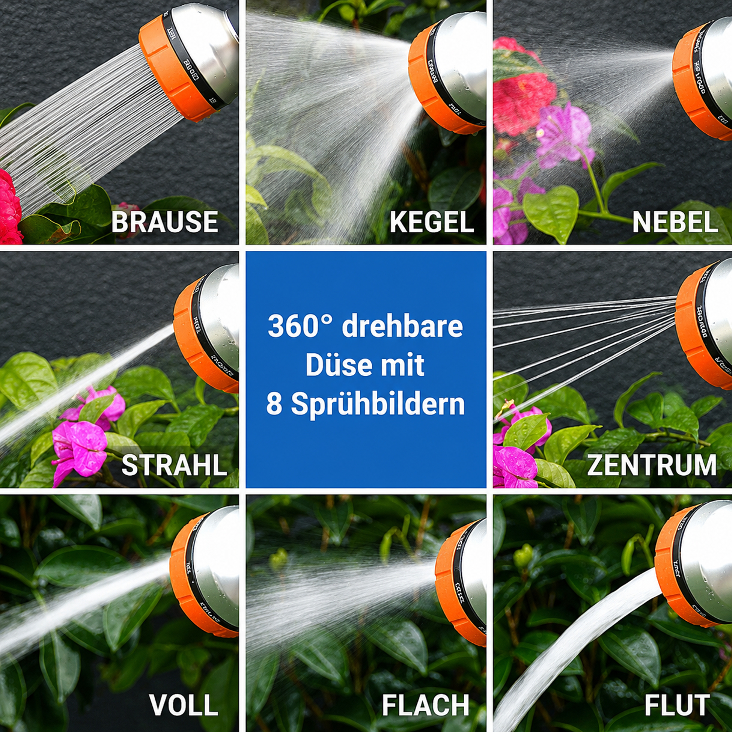 Sprühbrause mit acht verschiedenen Sprühbildern für Garten und Bewässerung